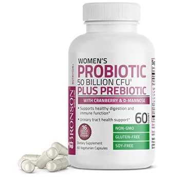 Bronson Women's Probiotic 50 Billion CFU + Prebiotic with Cranberry & D-Mannose – Vaginal Health, Healthy Digestion, Immune Function and Urinary Tract Support, Non-GMO, 60 Vegetarian Capsules