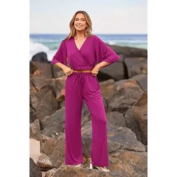PRETTYGARDEN 2 Piece Outfits for Women Summer Casual Short Sleeve Wrap V Neck Crop Tops Wide Leg Pants Set (Purple Red,Small)