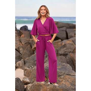 PRETTYGARDEN 2 Piece Outfits for Women Summer Casual Short Sleeve Wrap V Neck Crop Tops Wide Leg Pants Set (Purple Red,Small)