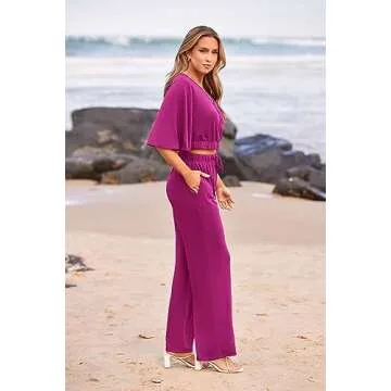 PRETTYGARDEN 2 Piece Outfits for Women Summer Casual Short Sleeve Wrap V Neck Crop Tops Wide Leg Pants Set (Purple Red,Small)