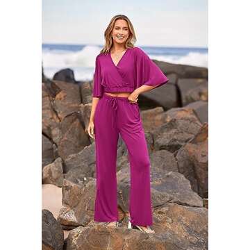 PRETTYGARDEN 2 Piece Outfits for Women Summer Casual Short Sleeve Wrap V Neck Crop Tops Wide Leg Pants Set (Purple Red,Small)