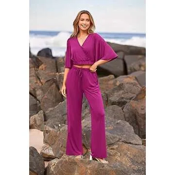 PRETTYGARDEN 2 Piece Outfits for Women Summer Casual Short Sleeve Wrap V Neck Crop Tops Wide Leg Pants Set (Purple Red,Small)