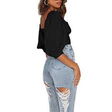 SOFIA'S CHOICE Women's Puff Sleeve Crop Top Plunging Neck Blackless Blouse Black Small