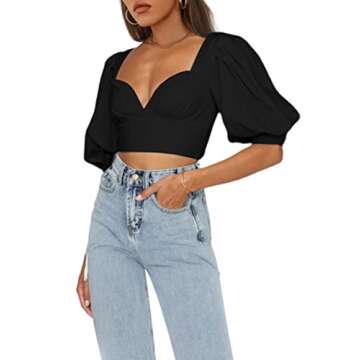 SOFIA'S CHOICE Women's Puff Sleeve Crop Top Plunging Neck Blackless Blouse Black Small