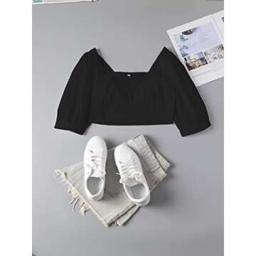 SOFIA'S CHOICE Women's Puff Sleeve Crop Top Plunging Neck Blackless Blouse Black Small