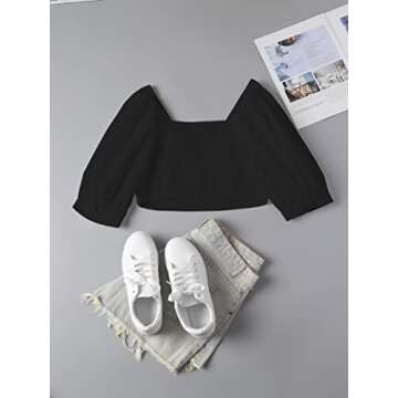 SOFIA'S CHOICE Women's Puff Sleeve Crop Top Plunging Neck Blackless Blouse Black Small