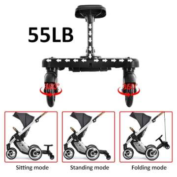 2024 New-Universal Stroller Board with Detachable Seat, 2in1 Sit and Stand Stroller Glider Board for Most Strollers, Holds Children Up to 55 LBs Stroller Standing Board (Black)