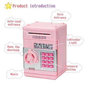 civan ATM Piggy Bank for Kids, Electronic Money Saving Box with Password, Safe Cash Coin Saving Bank Toys for Ages 8-13 3-8 Kids Girls Boys Birthday (Pink)