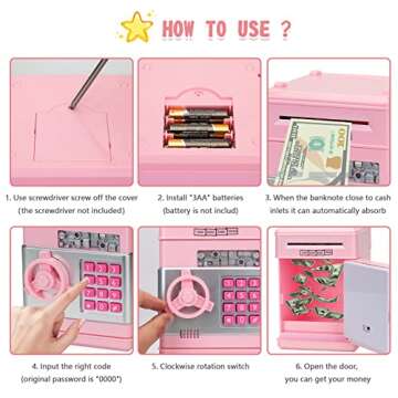 civan ATM Piggy Bank for Kids, Electronic Money Saving Box with Password, Safe Cash Coin Saving Bank Toys for Ages 8-13 3-8 Kids Girls Boys Birthday (Pink)