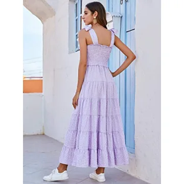 Floerns Women's Floral Print Tie Strap Square Neck Ruffle Boho Maxi Dress A Lilac Purple L