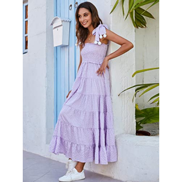 Floerns Women's Floral Print Tie Strap Square Neck Ruffle Boho Maxi Dress A Lilac Purple L