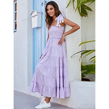 Floerns Women's Floral Print Tie Strap Square Neck Ruffle Boho Maxi Dress A Lilac Purple L