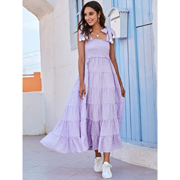 Floerns Women's Floral Print Tie Strap Square Neck Ruffle Boho Maxi Dress A Lilac Purple L