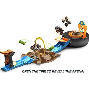 Hot Wheels Toy Monster Trucks Playset, Tire-Shaped Case Transforms into Race Course, 3 Trucks & 4 Cars in 1:64 Scale, Stunt Tire (Amazon Exclusive)