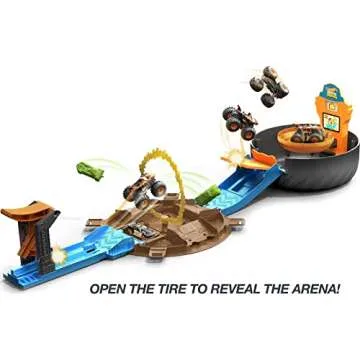 Hot Wheels Toy Monster Trucks Playset, Tire-Shaped Case Transforms into Race Course, 3 Trucks & 4 Cars in 1:64 Scale, Stunt Tire (Amazon Exclusive)