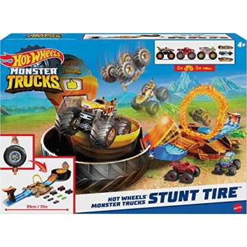 Hot Wheels Toy Monster Trucks Playset, Tire-Shaped Case Transforms into Race Course, 3 Trucks & 4 Cars in 1:64 Scale, Stunt Tire (Amazon Exclusive)