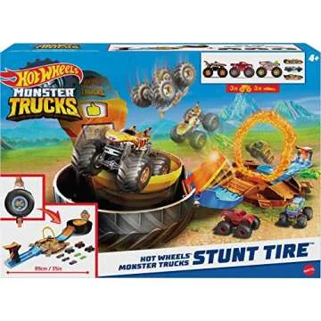 Hot Wheels Toy Monster Trucks Playset, Tire-Shaped Case Transforms into Race Course, 3 Trucks & 4 Cars in 1:64 Scale, Stunt Tire (Amazon Exclusive)