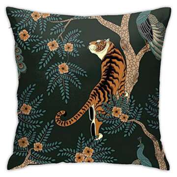 Stylish Antvinoler Tiger and Peacock Pillow Cover - 18x18 Inch