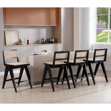 ZH4YOU 26" Black Rattan Counter Height Bar Stools Set of 4, Mid-Century Modern Counter Stools with C...