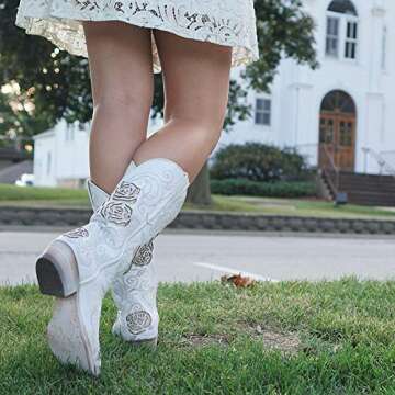 Soto Boots Women's Turquoise Rose Country Cowgirl Boots, Women's Embroidered Cowgirl Boots, Geniune Leather Handcrafted Cowgirl Boots M50032 (7) White