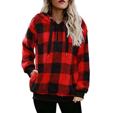 ReachMe Red and Black Plaid Sherpa Hoodie with Pockets Women Gifts for Christmas Oversized Fleece Pu...