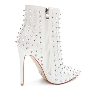 COLETER Women's Fashion White Ankle Boots with Rivets Closed Pointed Toe Stilettos Autumn Warm Dress Booties White 8.5 US
