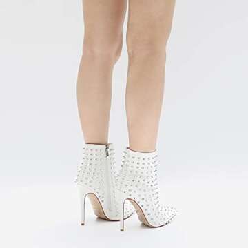 COLETER Women's Fashion White Ankle Boots with Rivets Closed Pointed Toe Stilettos Autumn Warm Dress Booties White 8.5 US