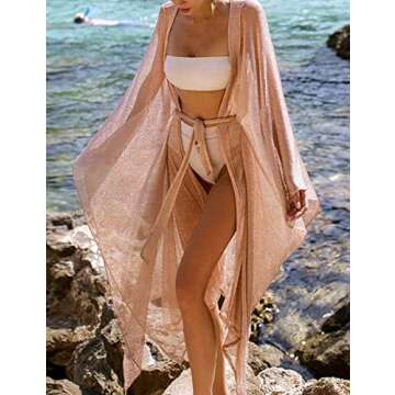 Bsubseach Women Beach Kimono Bathing Suit Cover Up Sexy Tie Front Bohemian Beachwear Resort Wear Champagne