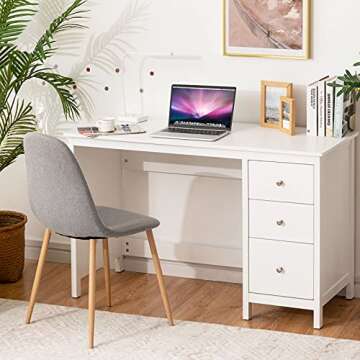 Tangkula White Desk with Drawers, Modern Home Office Computer Desk with Storage Drawers & Spacious D...