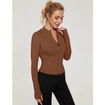 LUYAA Womens Athletic Tops Long Sleeve Workout Running Jacket Zip Up Crop jackets for Women gym wear Brown L