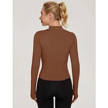 LUYAA Womens Athletic Tops Long Sleeve Workout Running Jacket Zip Up Crop jackets for Women gym wear Brown L
