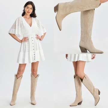 iiimmu Cowgirl Boots Women Tall Boots Pointed Toe and Block Heel Cowboy Suede Boots with Embroidered, Beige, Size 7