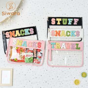 Siwara Snack Bags Clear Pouch for Travel Bag Nylon Clear Cosmetic Bag Makeup Waterproof Bag Portable Glitter Snacks Makeup Beach Pouch Toiletry Bag for Women Girls (Pink-Snacks)