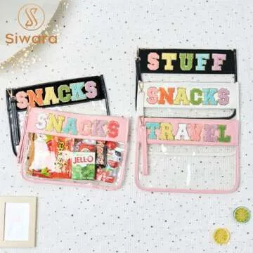 Siwara Snack Bags Clear Pouch for Travel Bag Nylon Clear Cosmetic Bag Makeup Waterproof Bag Portable Glitter Snacks Makeup Beach Pouch Toiletry Bag for Women Girls (Pink-Snacks)