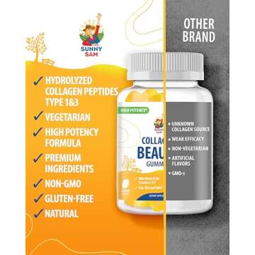 SUNNY SAM Biotin Collagen Gummies for Women & Girls - Low Sugar 60 Chewable Beauty Collagen Gummies for Enhanced Hair Skin and Nails - Biotin, Vitamin A, Zinc Supplement - Natural Lemon Flavor