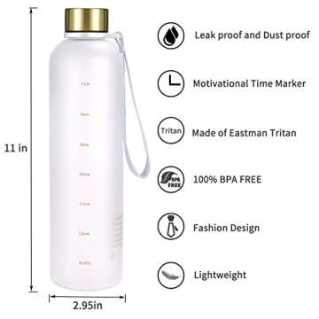 Sursip 32 oz Motivational Water Bottle with Time Marker，Reusable Water Bottle Perfect for the gym and office/Outdoors,BPA Free Frosted Plastic Bottle Leak proof with Carry Strap