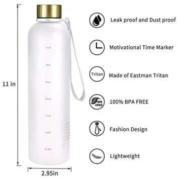 Sursip 32 oz Motivational Water Bottle with Time Marker，Reusable Water Bottle Perfect for the gym and office/Outdoors,BPA Free Frosted Plastic Bottle Leak proof with Carry Strap