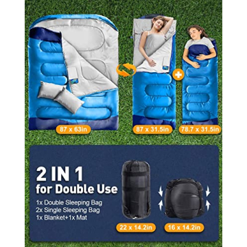 Double XL Sleeping Bag for Couples with Pillow, Outdoor Adventure