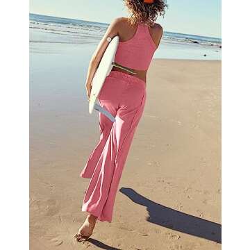 Ugerlov Women's Two Piece Summer Sets Ribbed Tank Crop Top Wide Leg Pants 2 Piece Outfits Matching Lounge Sets Tracksuit, Pink S