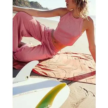 Ugerlov Women's Two Piece Summer Sets Ribbed Tank Crop Top Wide Leg Pants 2 Piece Outfits Matching Lounge Sets Tracksuit, Pink S