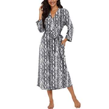 VINTATRE Women Kimono Robes Long Knit Bathrobe Lightweight Soft Knit Sleepwear V-neck Casual Ladies Loungewear FP-Snakeskin White-Small