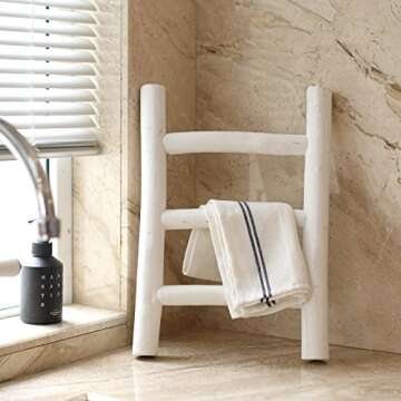 FUIN Fully Assembled Wooden Tea Towel Ladder, Mini Ladder Towel Rack Display Hanger, Small Rustic Farmhouse Tea Towel Stand Holder for Country Bathroom Decor, White