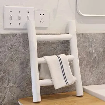 FUIN Fully Assembled Wooden Tea Towel Ladder, Mini Ladder Towel Rack Display Hanger, Small Rustic Farmhouse Tea Towel Stand Holder for Country Bathroom Decor, White