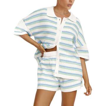 Tankaneo Womens Short Sleeve Striped Pajama Sets Color Block Crochet Knit Button Top and Shorts 2 Piece Lounge Sets