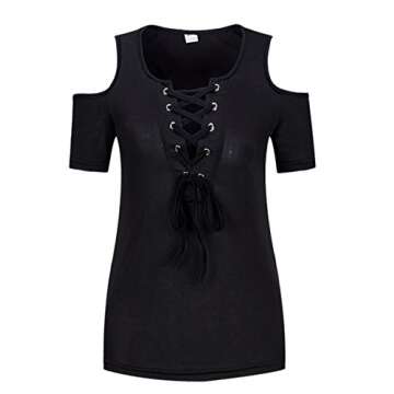 SEMATOMALA Women's Cold Shoulder Sexy Lace Up V Neck Short Sleeve Tee Shirts Tops Clubwear Plus Size BL-2XL Black