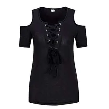 SEMATOMALA Women's Cold Shoulder Sexy Lace Up V Neck Short Sleeve Tee Shirts Tops Clubwear Plus Size BL-2XL Black