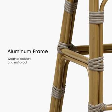 PURPLE LEAF French Bar Stool Set of 2 Bamboo Print Finish Patio Bar Stools with Back Rattan Bar Chairs Wicker Bar Height Stool 30" with Footrest Kitchen Island Stools Outdoor Barstool Grey