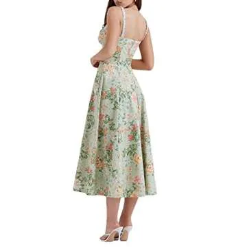 Mieeyali Women Boho Floral Maxi Dress Spaghetti Strap Square Neck A Line Slit Long Dress Summer Vacation Cottagecore Dress (Cottagecore-Green,Small)