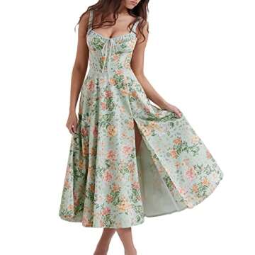 Mieeyali Women Boho Floral Maxi Dress Spaghetti Strap Square Neck A Line Slit Long Dress Summer Vacation Cottagecore Dress (Cottagecore-Green,Small)