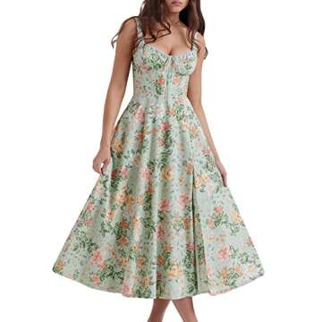 Mieeyali Women Boho Floral Maxi Dress Spaghetti Strap Square Neck A Line Slit Long Dress Summer Vacation Cottagecore Dress (Cottagecore-Green,Small)